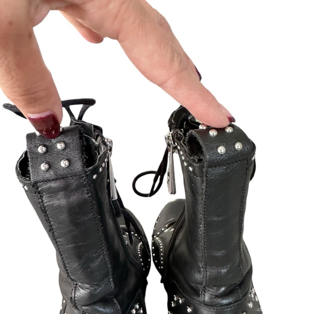 Zara Black Leather Lace Up Biker Chelsea Studded Punk Goth Ankle Boots Size 37 - Picture 13 of 15